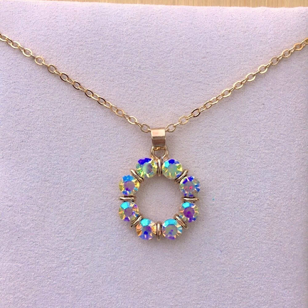 Aurora Borealis + Gold Crystal Circle Pendant Necklace - Picture 5 of 6